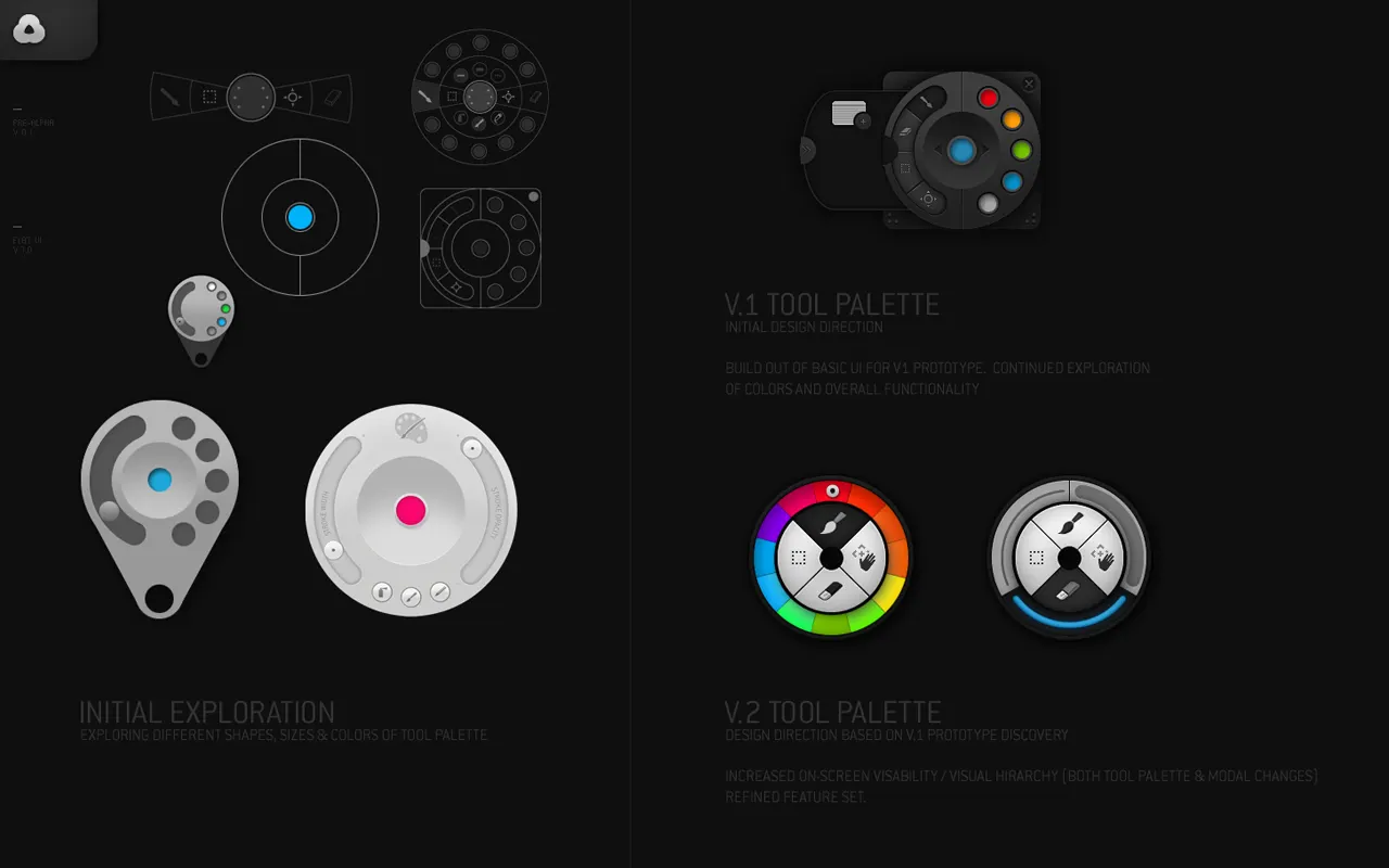 Dark design board showing sketches and renderings of circular radial tool palettes, labeled initial exploration and v.1 and v.2 tool palette.