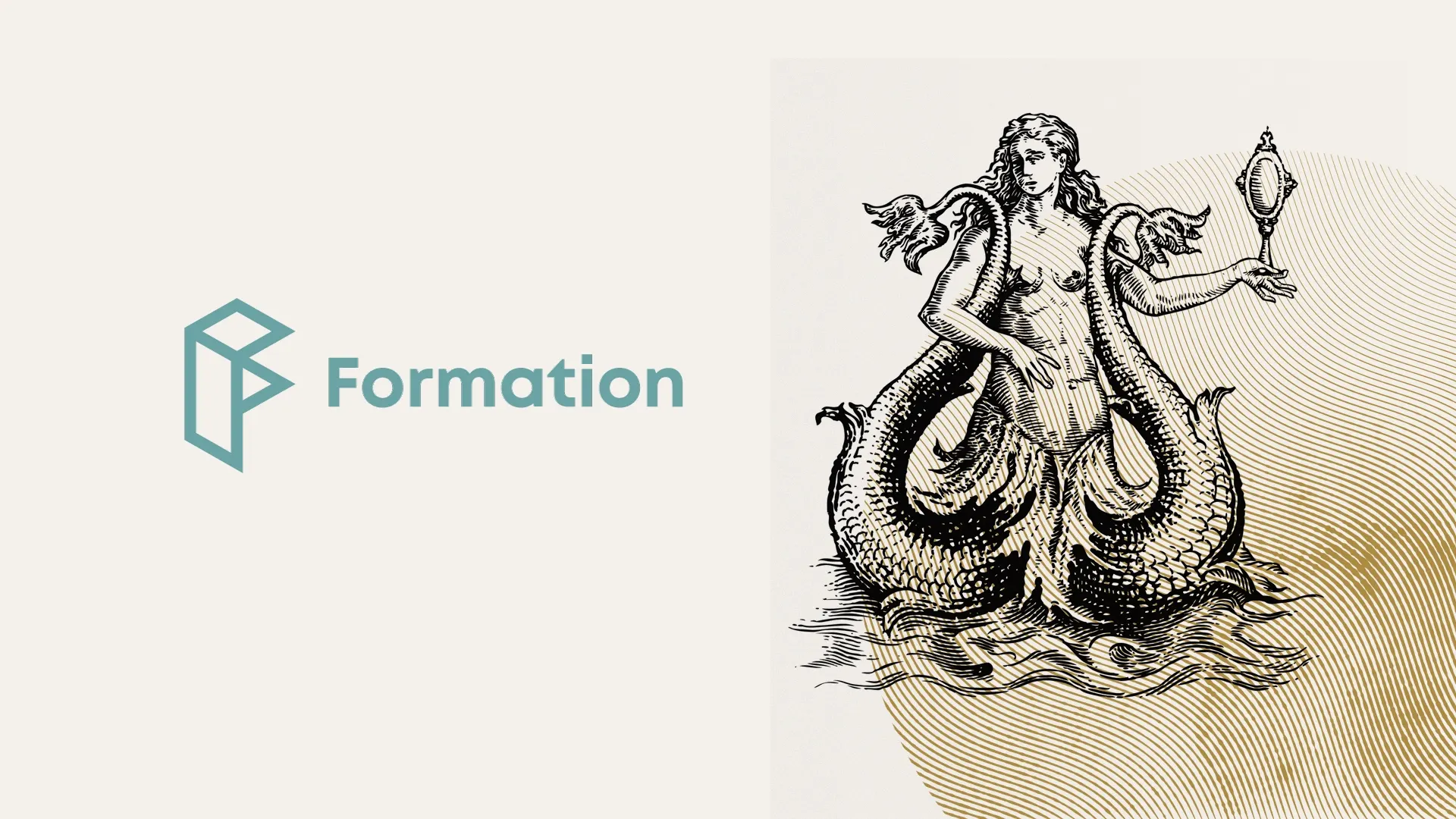 The Formation logo in teal beside a vintage engraving of a two-tailed mermaid holding a mirror on a cream background.