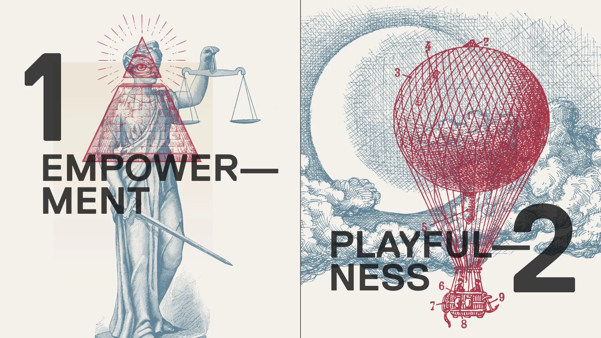 Two-panel slide: a red-tinted engraving of Lady Justice labeled "1 Empowerment" and a hot air balloon engraving labeled "2 Playfulness".