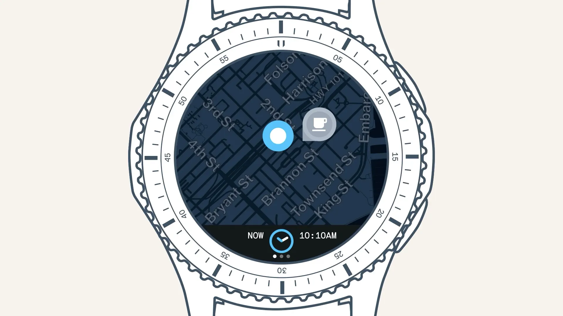 Line illustration of a round smartwatch with a rotating bezel showing a dark map interface with street names and a 10:10AM time bar.