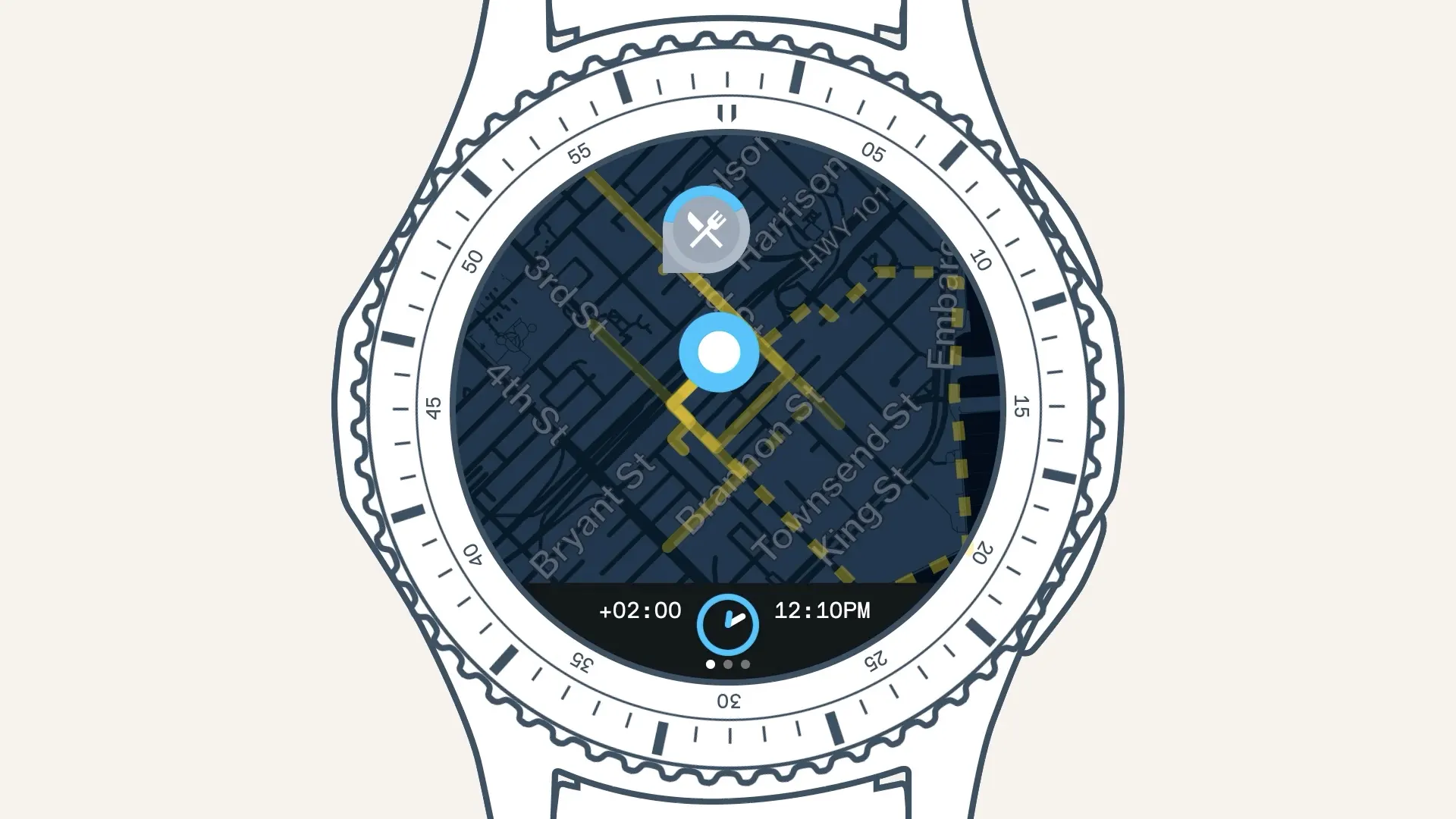 Line-drawn smartwatch mockup showing a dark map screen with street names, a location dot, a pin, and 12:10PM.