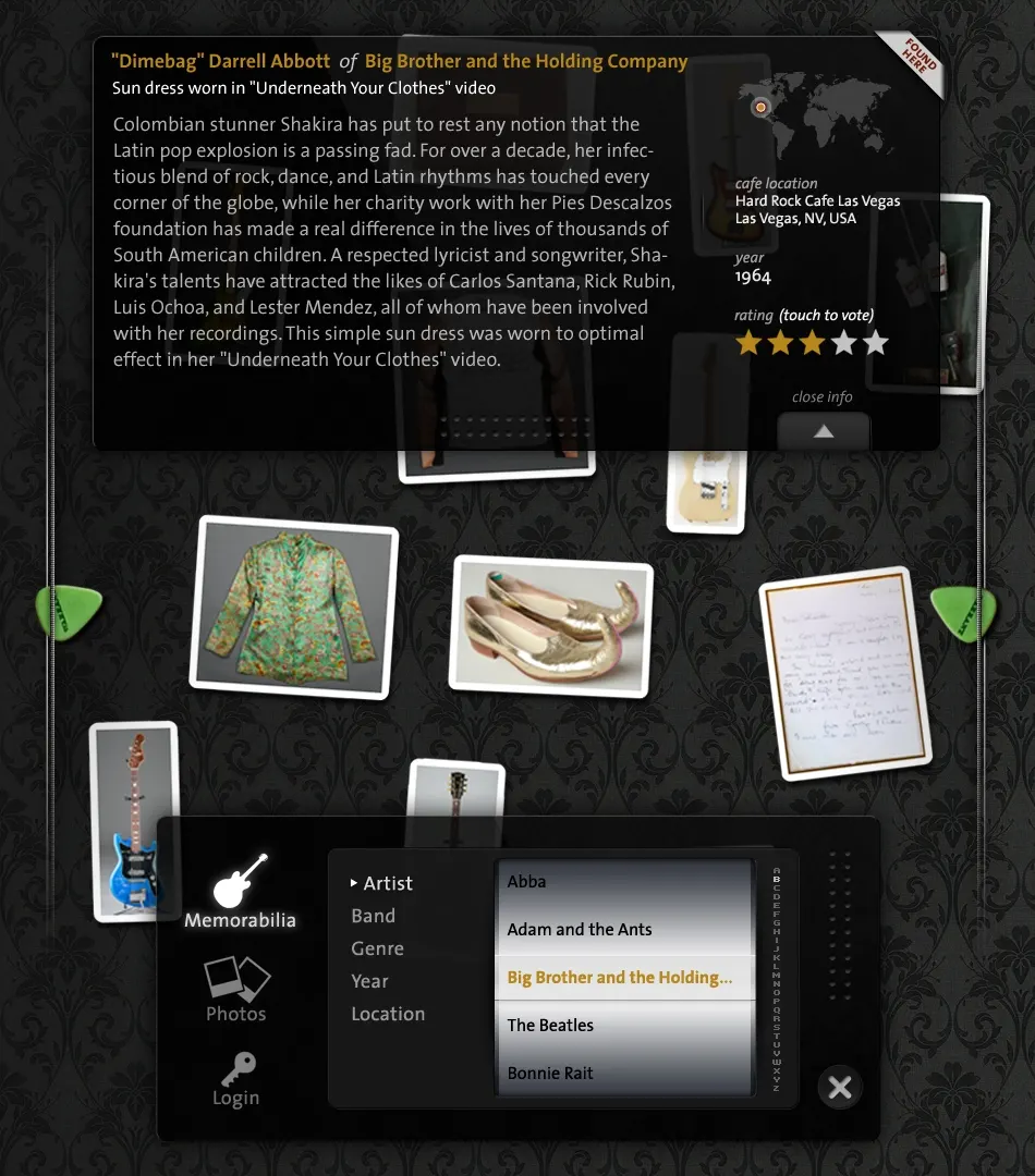 Dark touchscreen interface showing memorabilia items, guitar picks, an info panel with text and star rating, and an artist list menu.