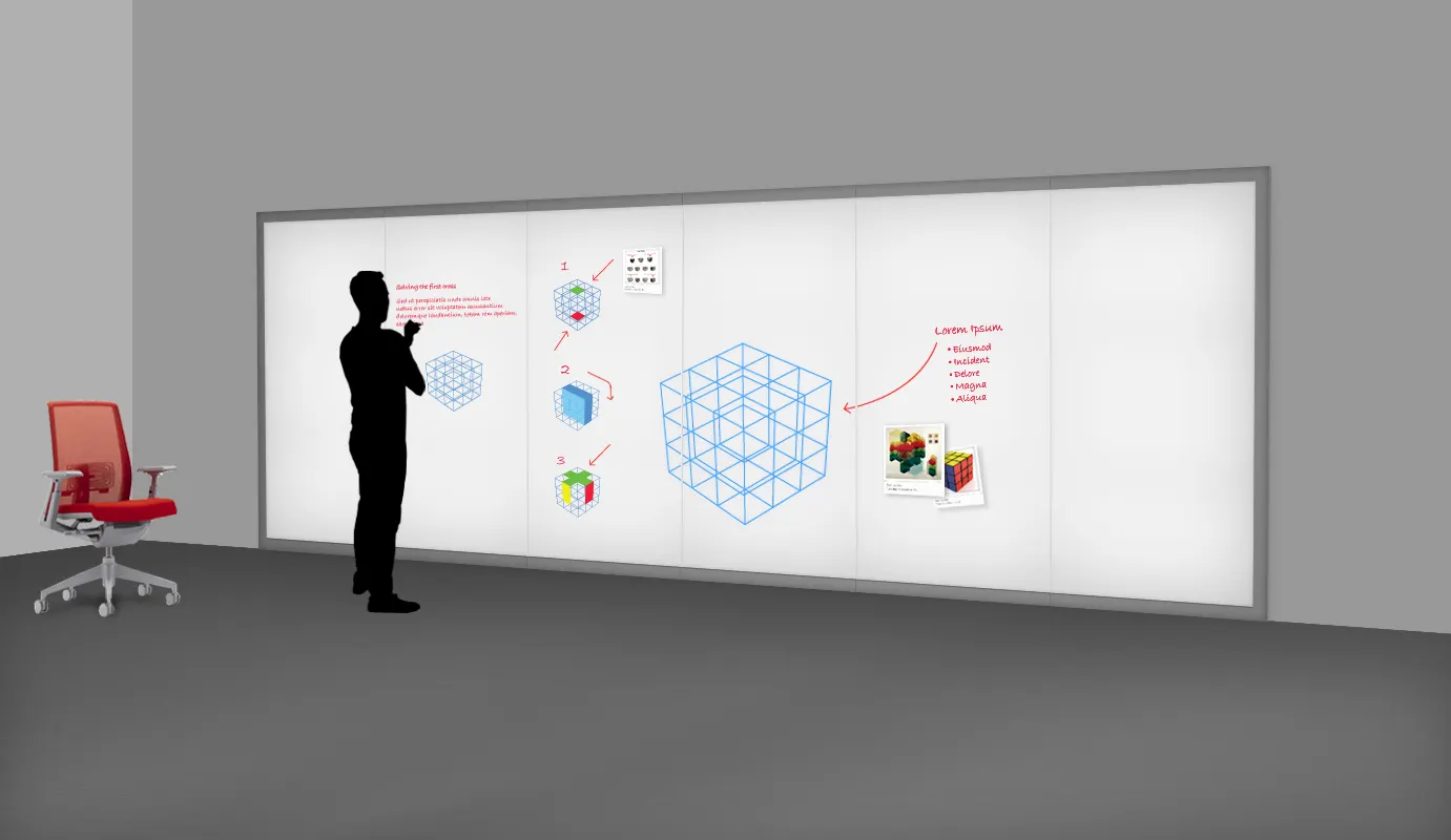 Rendering of a person silhouetted before a wide wall-sized digital whiteboard with diagrams and notes, red office chair nearby.