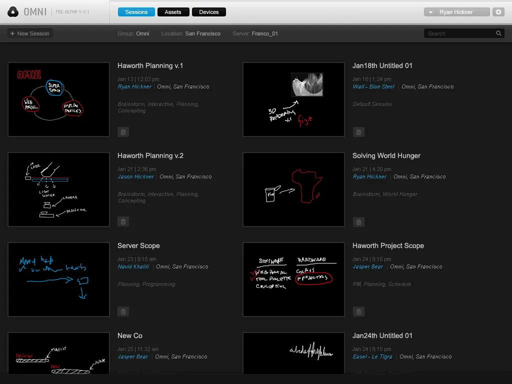Dark web app interface titled OMNI showing a grid of whiteboard session thumbnails with sketches, titles, dates and author names.