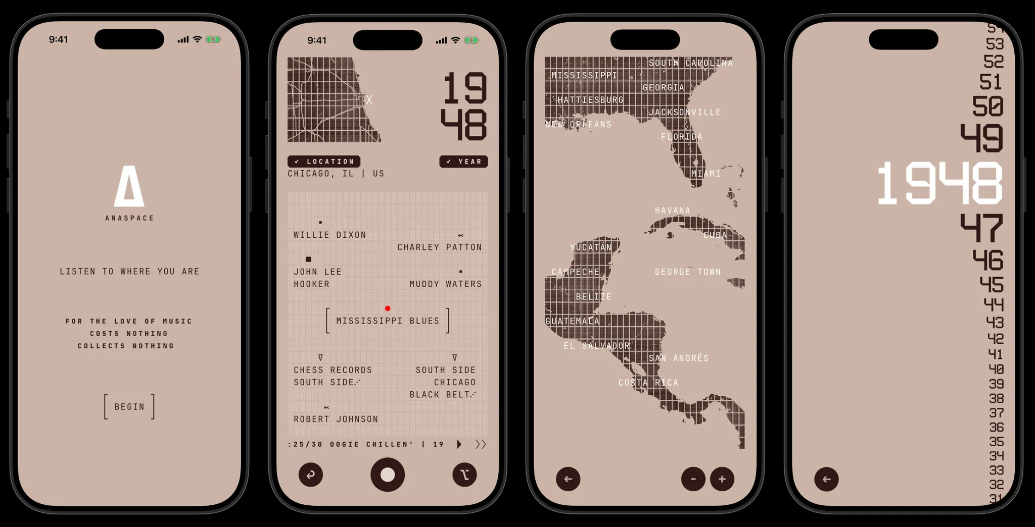 Four iPhone mockups showing the Anaspace app in tan and black: a title screen, a 1948 Chicago music map with artist names, a map of the Americas, and a year scroll.