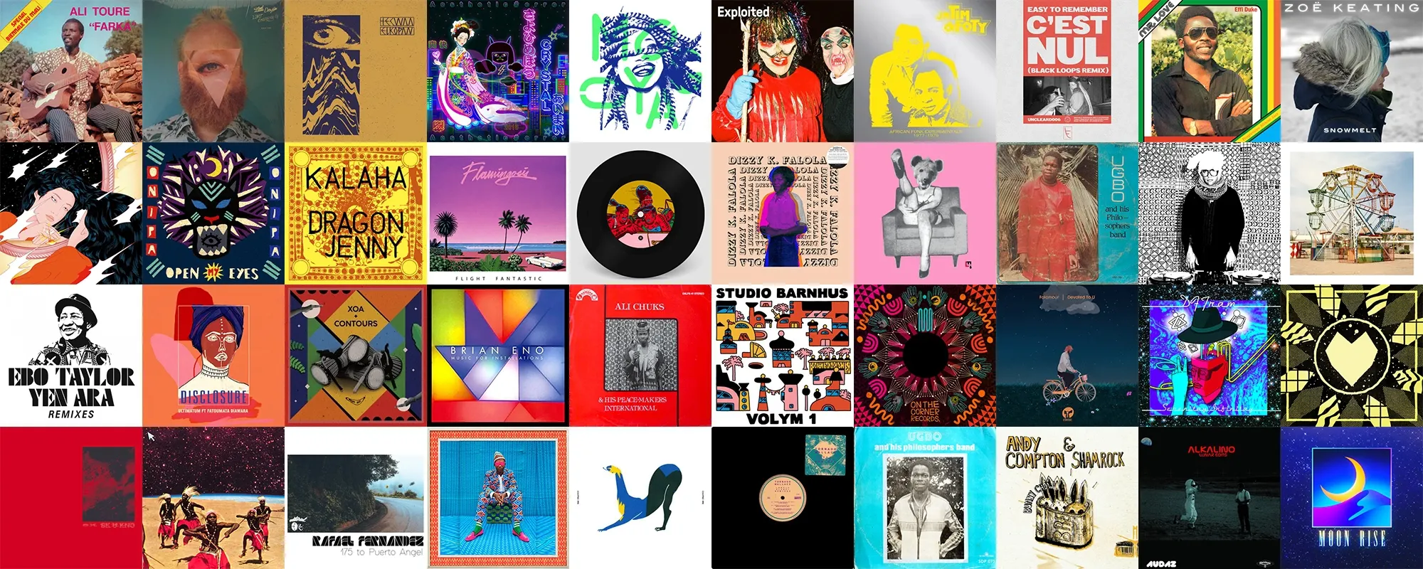 A dense grid of dozens of colorful album cover thumbnails arranged in four rows.