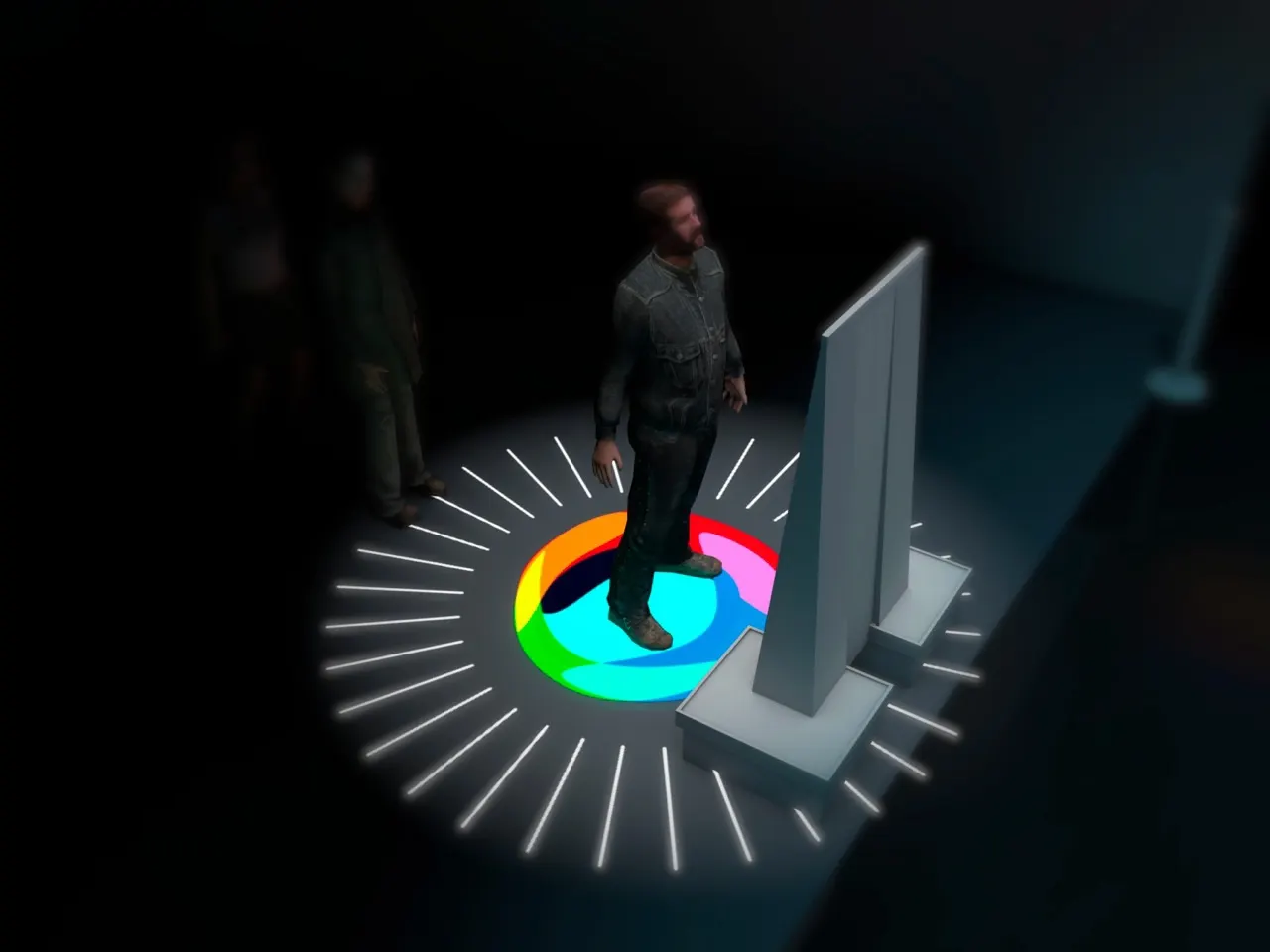 Rendering of a dark room where a person stands on a colorful illuminated ring on the floor beside a tall white panel, with two figures nearby.