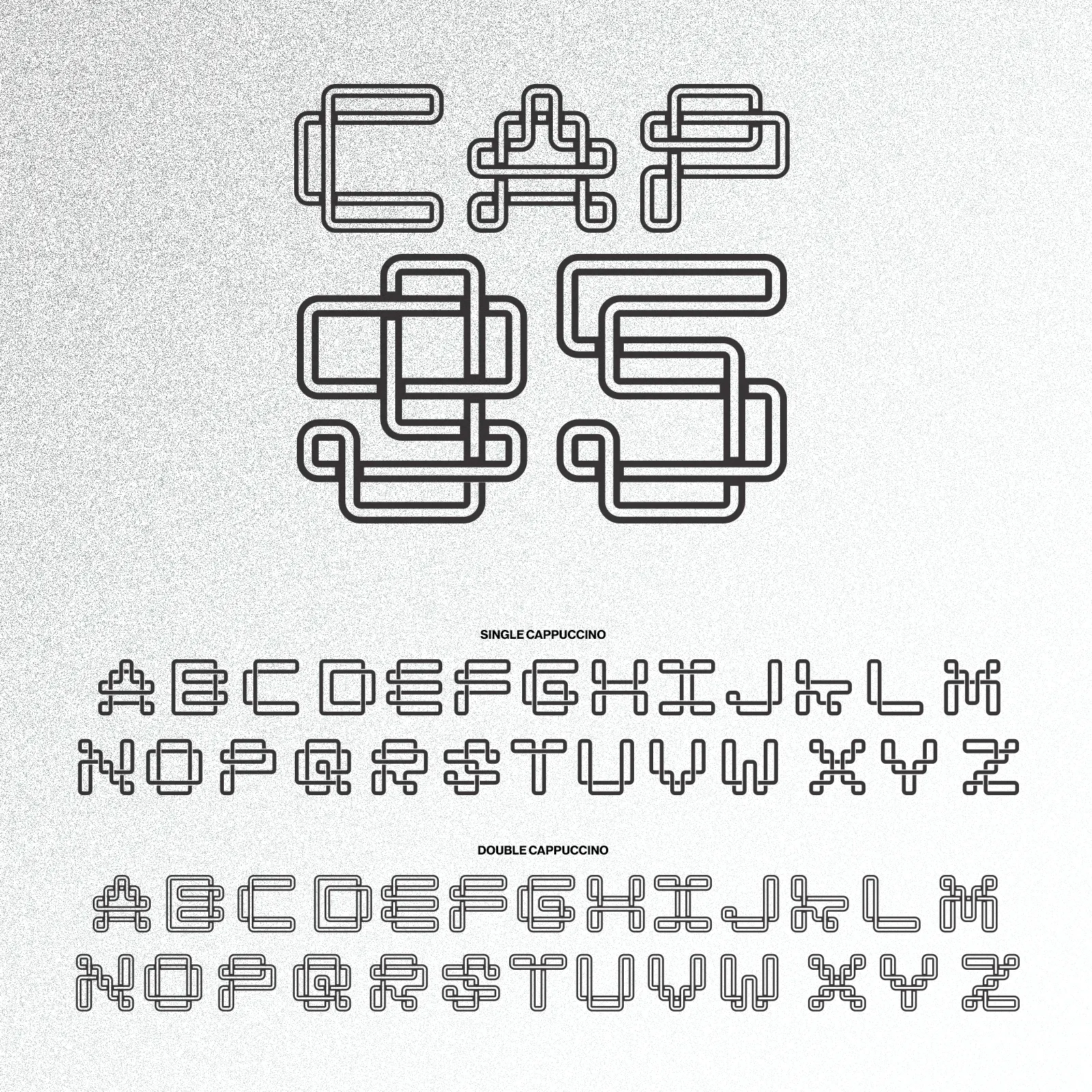 Typeface specimen for Cappuccino showing overlapping outlined letters spelling "CAPS" above single and double-stroke alphabets.