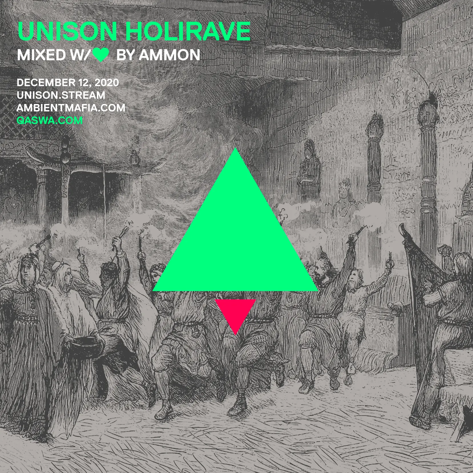 Mix cover art with "Unison Holirave" text over a vintage engraving of robed figures dancing, overlaid with a green triangle and pink arrow.