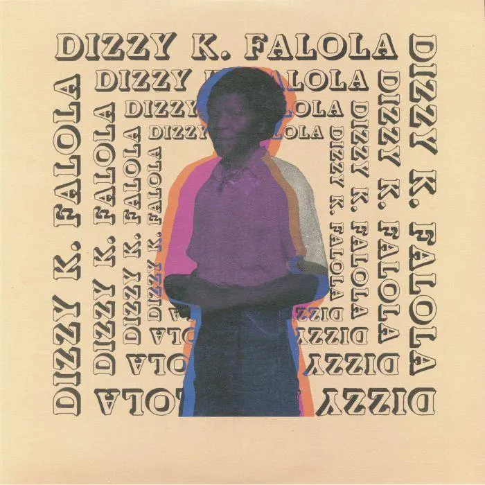Album cover with a person standing arms crossed in a purple halo, surrounded by repeated "Dizzy K. Falola" text on cream.