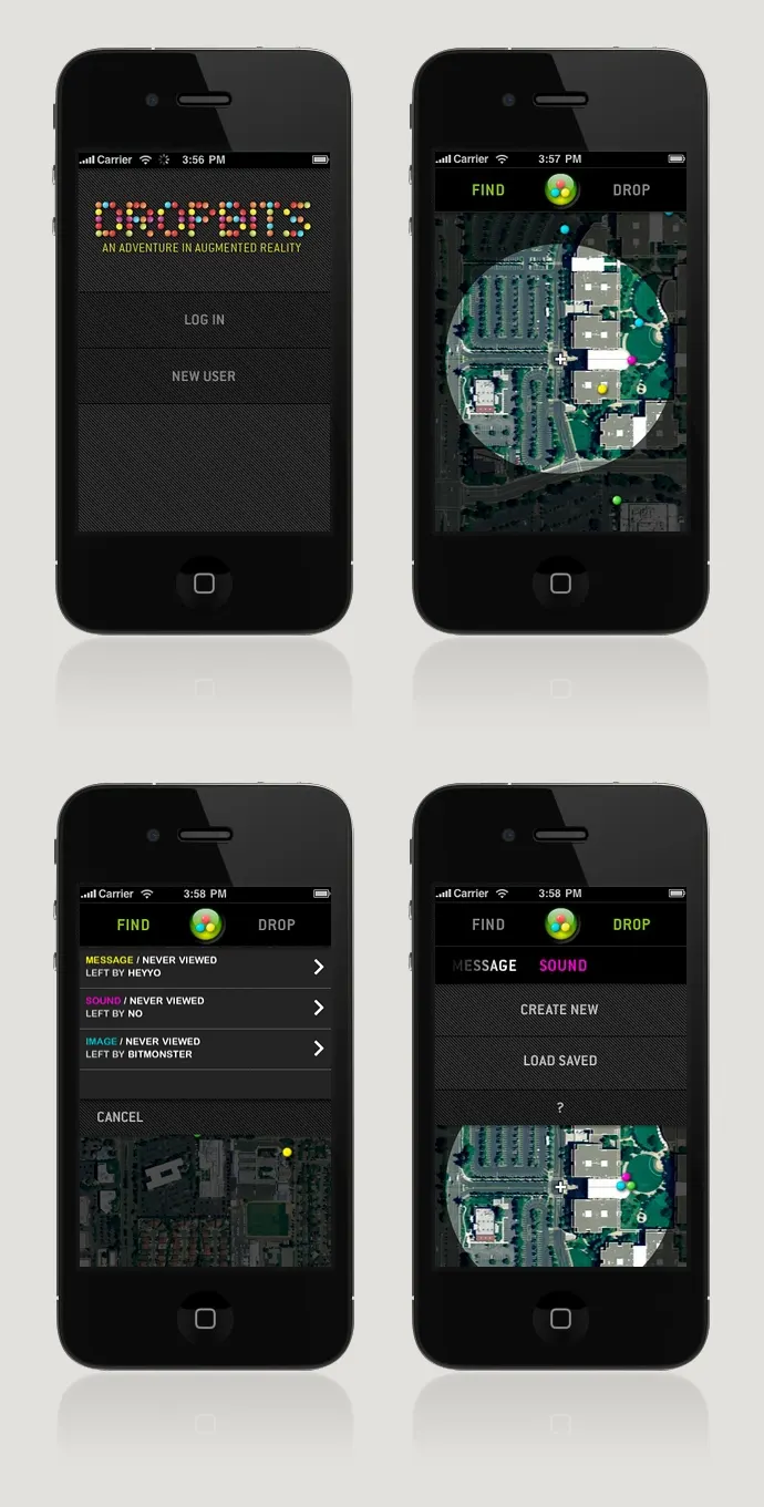 Four iPhone mockups showing the Dropbits app: a login screen, satellite map views with colored pins, and message list and drop menus.