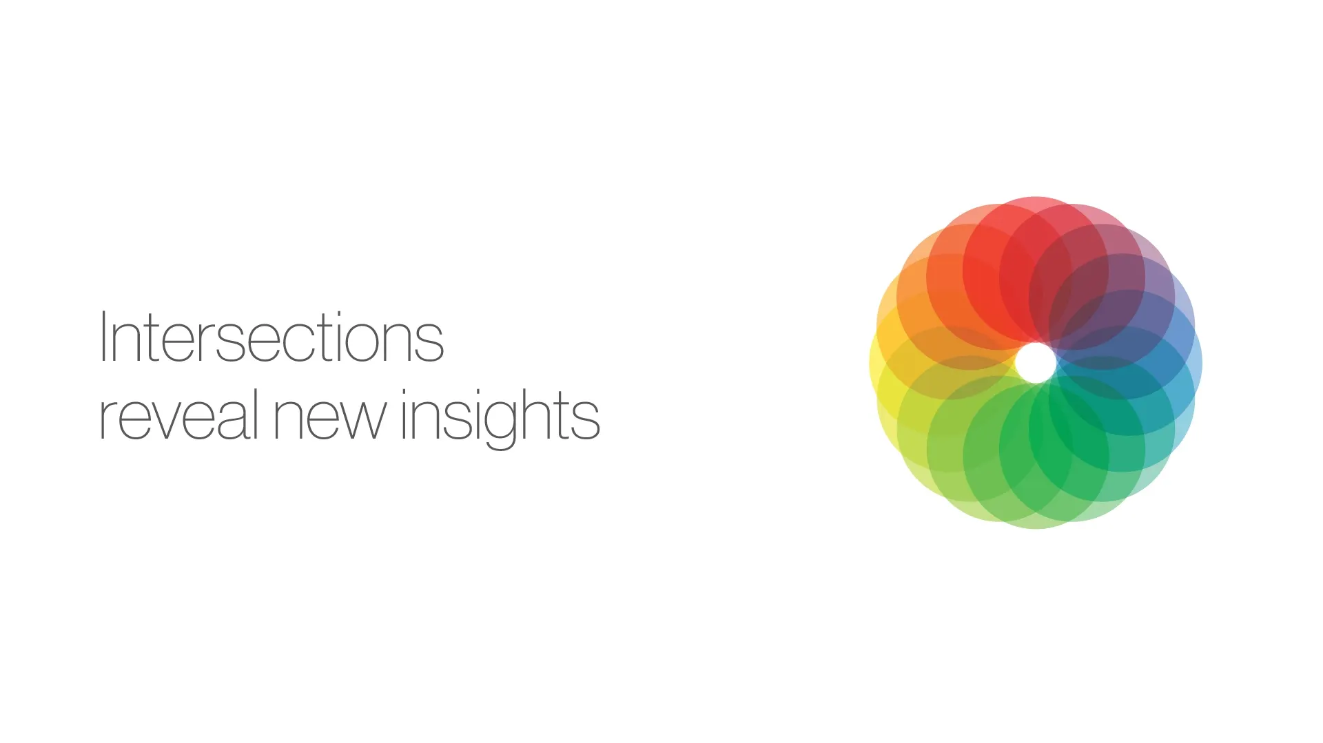Slide reading "Intersections reveal new insights" beside a ring of overlapping translucent rainbow-colored circles.