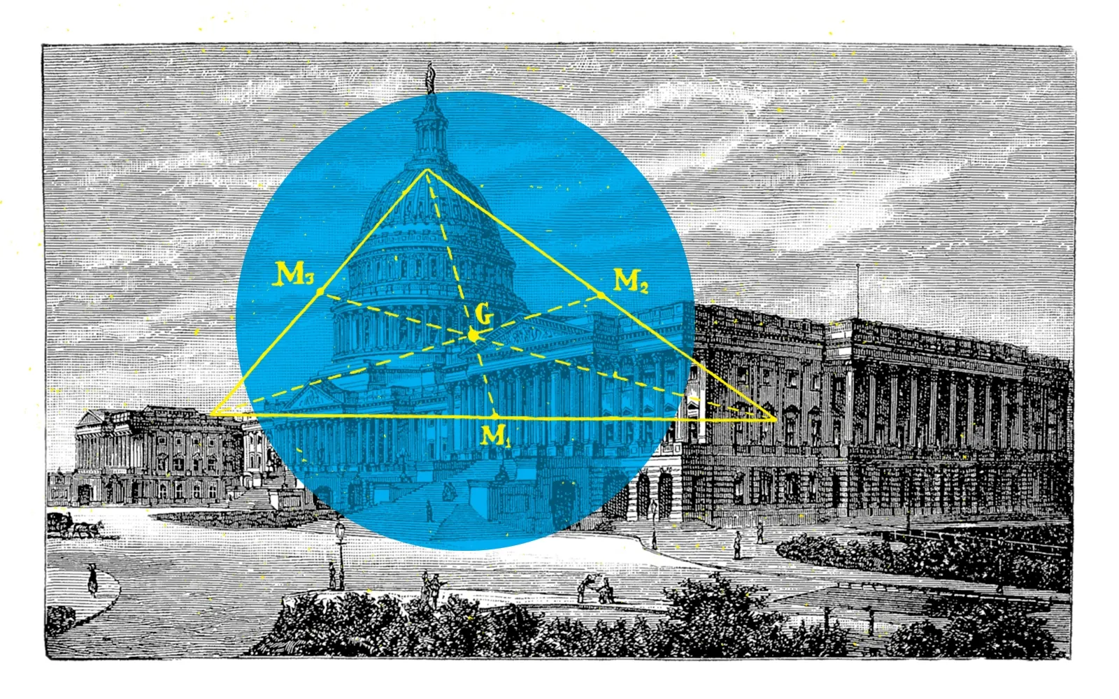 Vintage engraving of the U.S. Capitol overlaid with a cyan circle and yellow triangle labeled M1, M2, M3 with center point G.