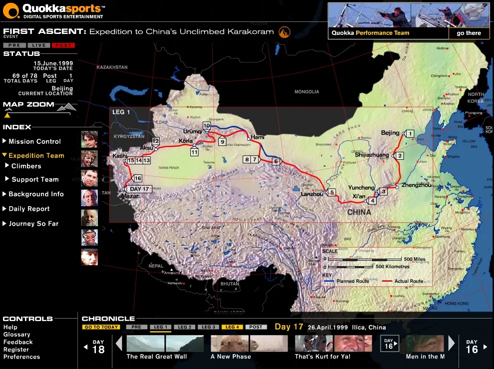 Quokka Sports "First Ascent" web interface showing a map of China with a marked expedition route, navigation index, and a chronicle strip of video thumbnails.