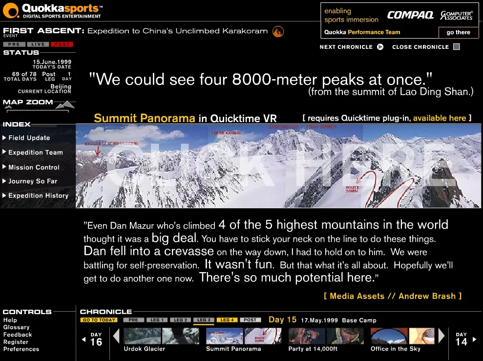 Quokka Sports "First Ascent" web page with a snowy summit panorama in QuickTime VR, expedition quotes, and a chronicle thumbnail bar.