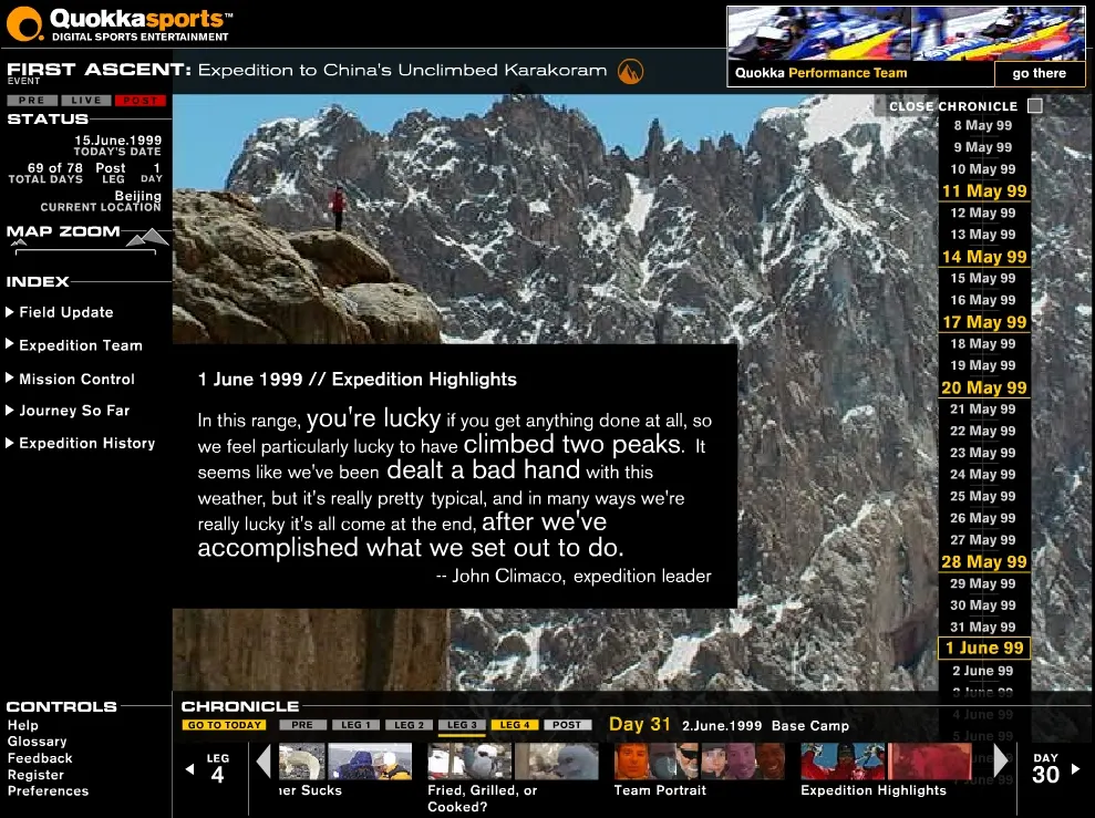 Quokkasports "First Ascent" web interface showing a climber on a rocky ridge, a quote panel, and a date chronicle sidebar.