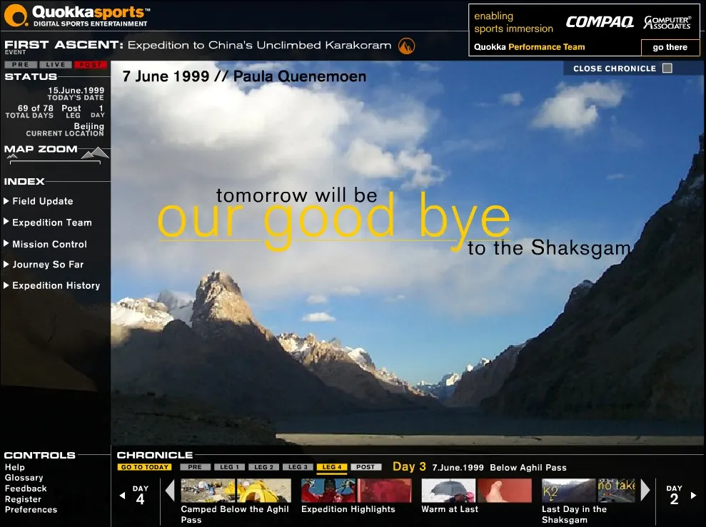 Quokka Sports "First Ascent" web page showing a Karakoram mountain photo with overlaid text "tomorrow will be our good bye to the Shaksgam" and a chronicle timeline.