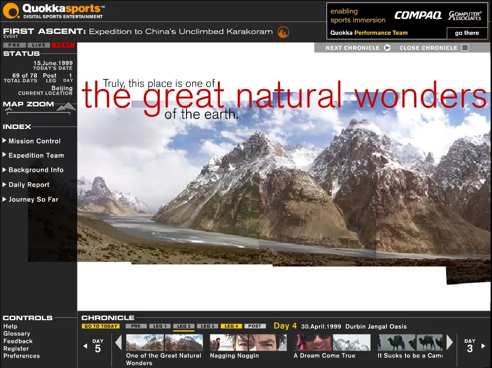 Quokka Sports "First Ascent" web interface showing a snowy Karakoram mountain panorama with overlaid text "the great natural wonders" and a chronicle thumbnail strip.