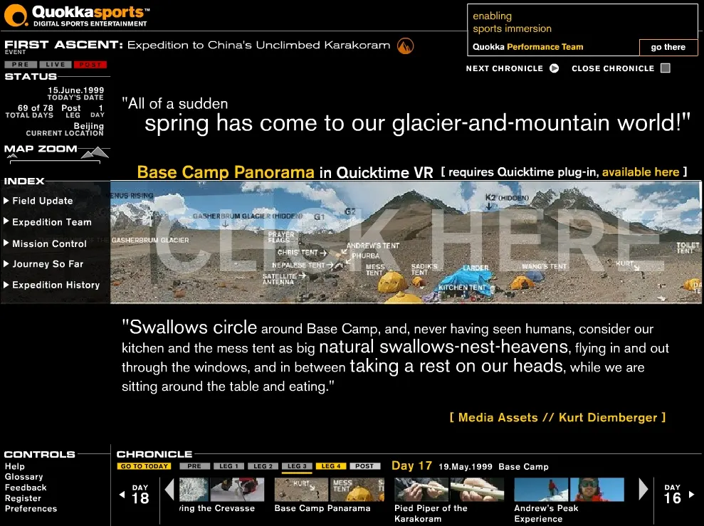 QuokkaSports "First Ascent" webpage with a Base Camp Panorama QuickTime VR of tents on a glacier and expedition quotes.