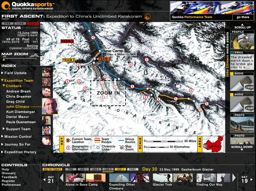 Quokka Sports "First Ascent" web interface showing an annotated satellite map of the Karakoram with expedition routes, climber list and dated chronicle timeline.