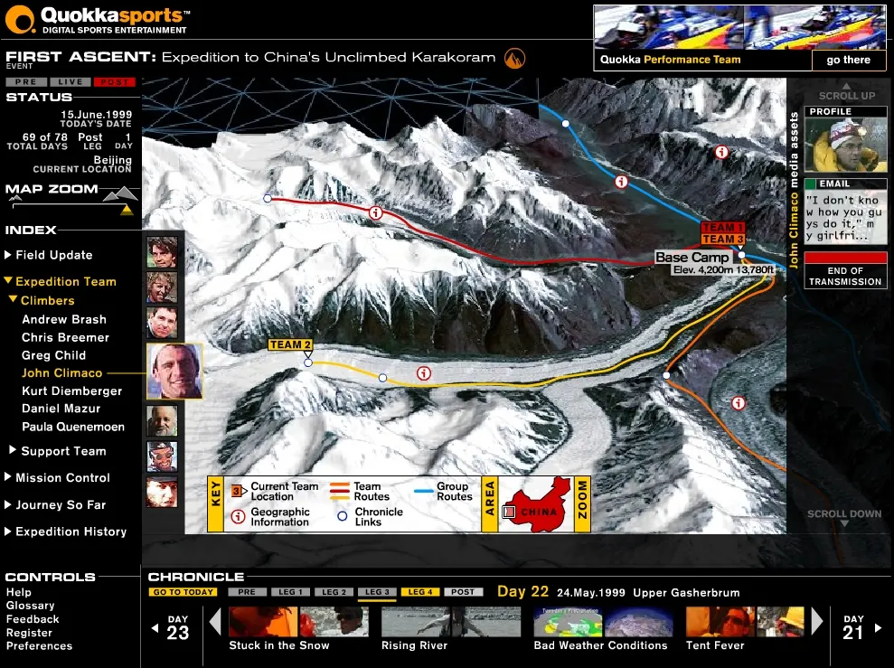 Quokka Sports "First Ascent" web interface with a mountain map showing team routes, base camp marker, expedition team list, and daily chronicle thumbnails.
