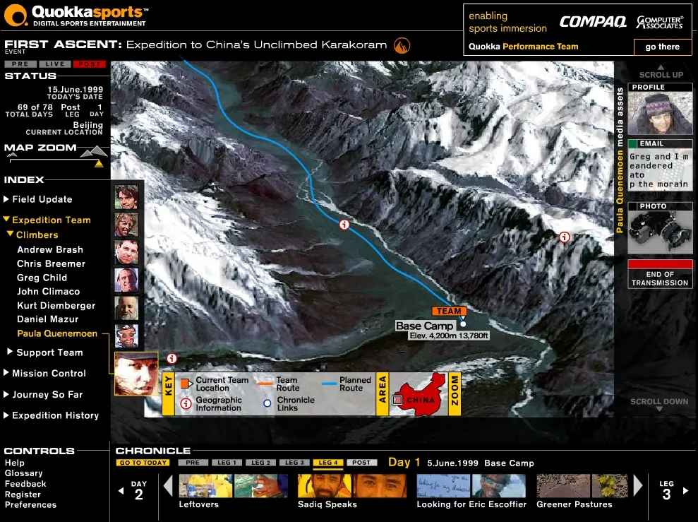 Quokkasports "First Ascent" web interface showing a satellite map of Karakoram with route markers, expedition team menu, and photo chronicle thumbnails.