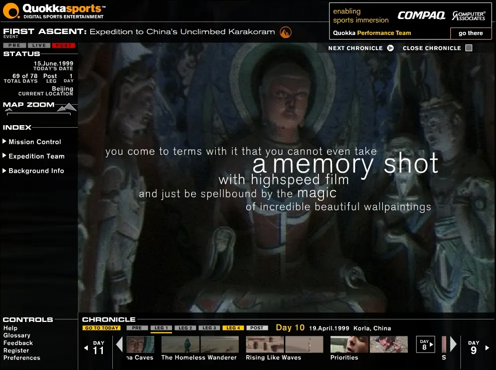 Quokka Sports "First Ascent" web interface showing a dim photo of Buddhist statues with overlaid text about wallpaintings, plus navigation and chronicle bars.