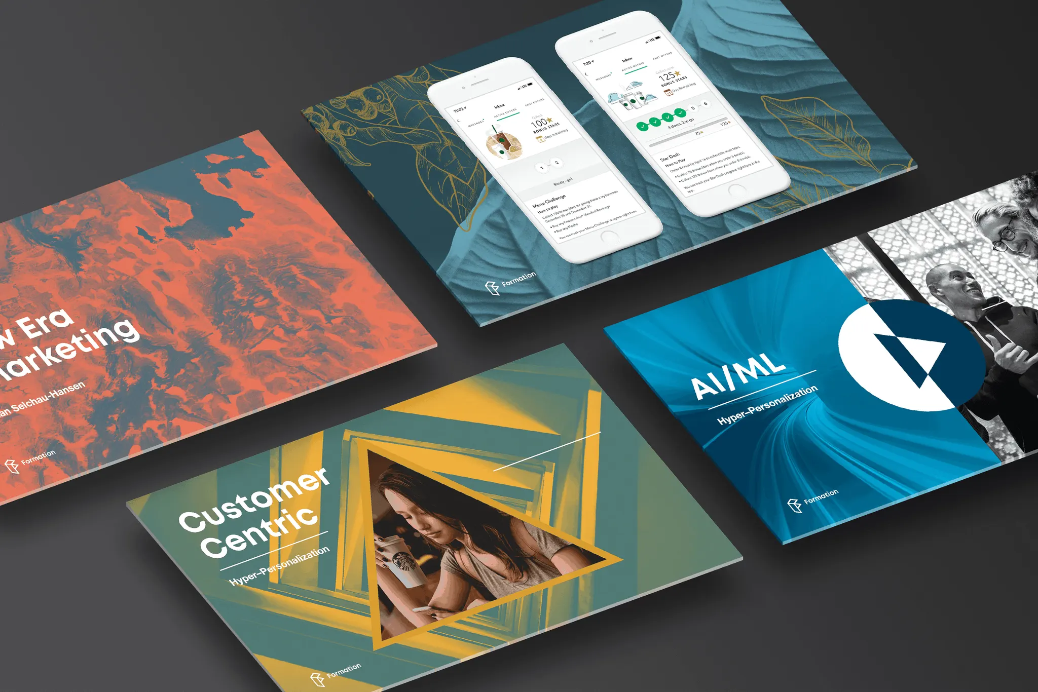 Mockup of marketing slides on a dark surface, including "New Era Marketing," "Customer Centric," "AI/ML" and phone app screens.