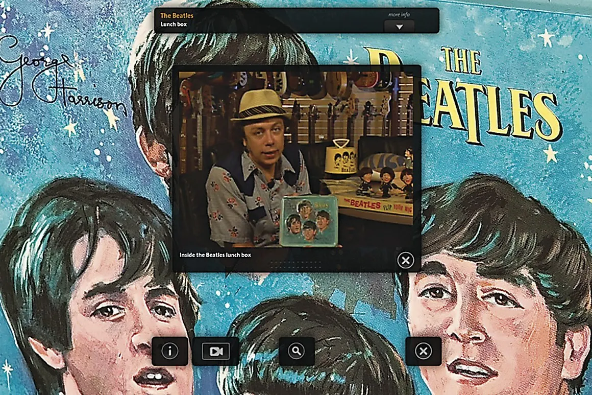 Interface overlay on illustrated Beatles artwork, showing a video panel of a person in a hat and a lunch box thumbnail with icon buttons.