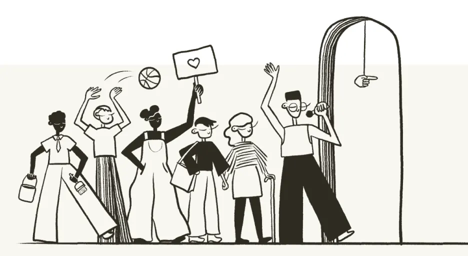 Line drawing of a group of people raising hands, holding a basketball, heart sign, and bag, beside a doorway with a pointing hand.
