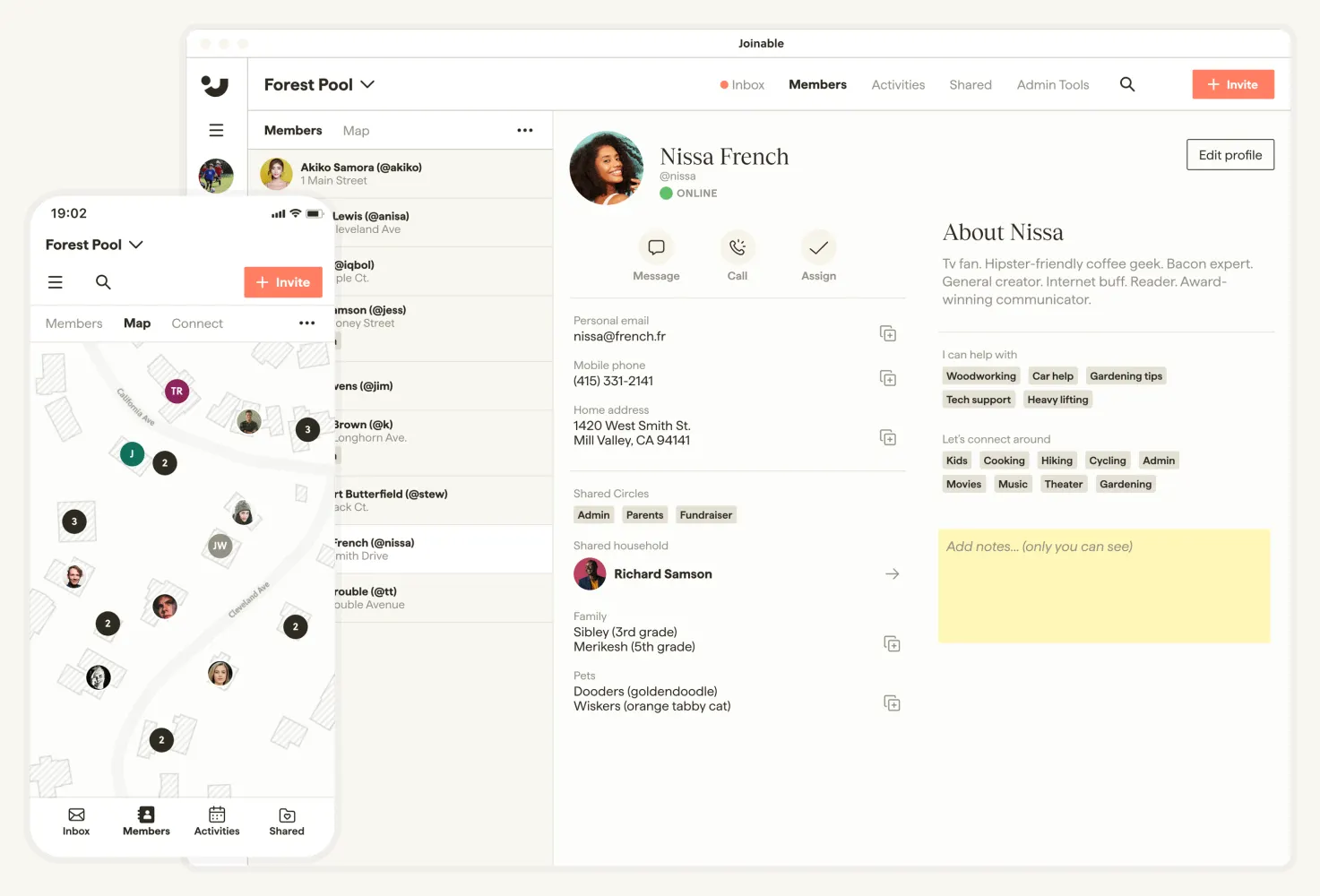 Joinable app mockups showing a member profile panel with contact details beside a mobile map view of neighborhood member pins.