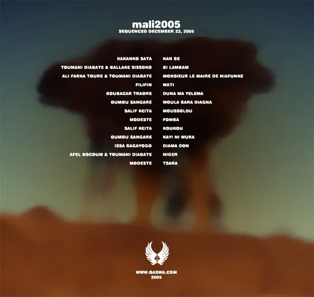 Mix tracklist titled "mali2005" over a blurred desert scene, listing artists and songs with a winged qaswa.com logo.
