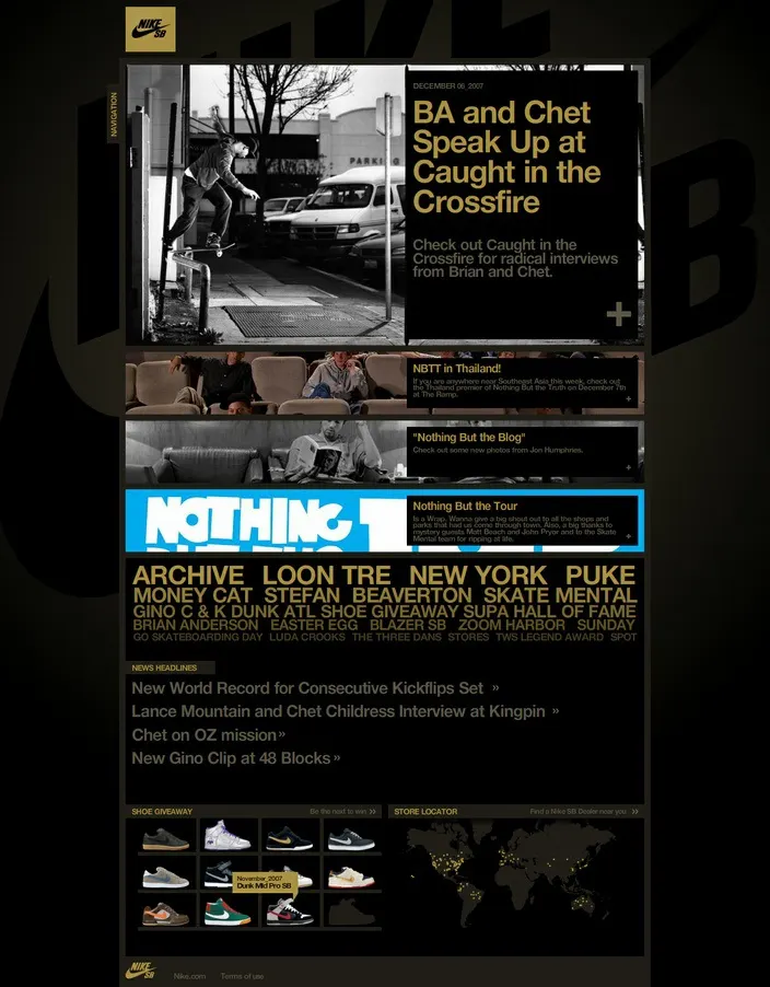 Dark Nike Skateboarding homepage with a black-and-white skateboarder photo, headline blocks, news headlines, and a shoe giveaway grid.