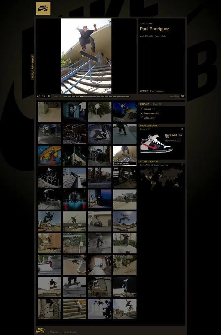 Dark Nike SB website layout with a large skateboarder photo, playback controls, and a grid of thumbnail images beside display filters and a shoe panel.