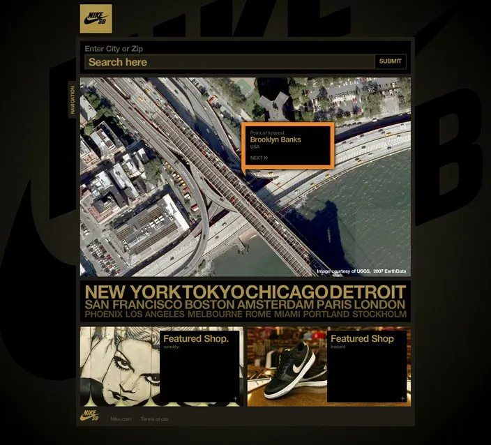 Dark Nike SB webpage mockup with a satellite map of a bridge, a "Brooklyn Banks" callout, city name list, and featured shop panels.