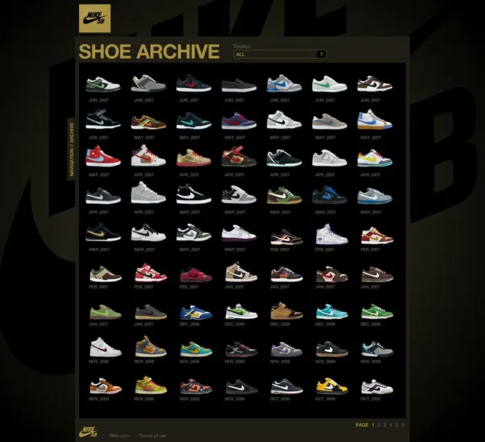 Nike SB "Shoe Archive" web page on black, showing a grid of dozens of sneakers labeled with month and year.
