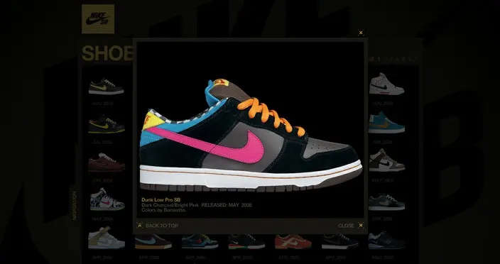 Dark Nike Skateboarding website with a lightbox detail view of a Dunk Low Pro SB sneaker above rows of shoe thumbnails.