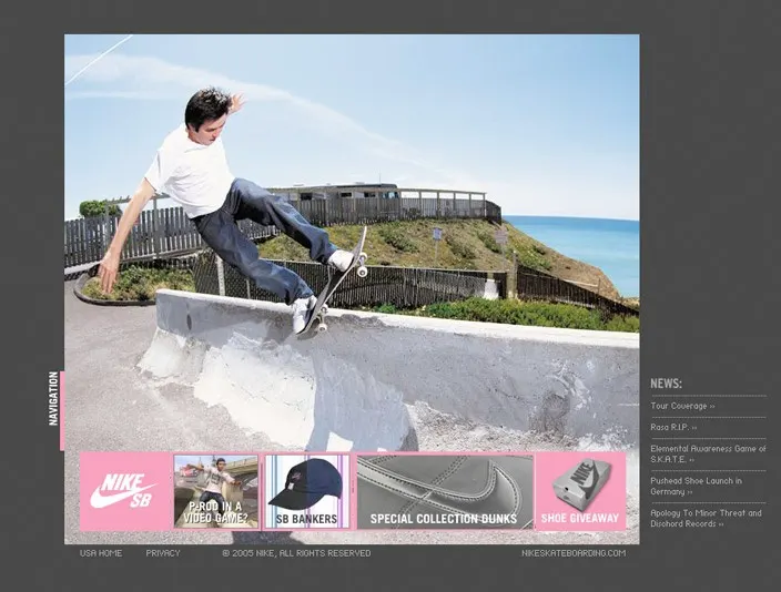 Nike SB website homepage with a large photo of a skateboarder grinding a concrete ledge, pink nav thumbnails and a news list.