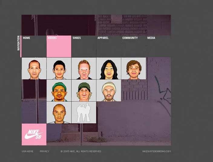 Nike SB website riders page with a grid of illustrated head portraits over a concrete wall photo and pink nav tabs.