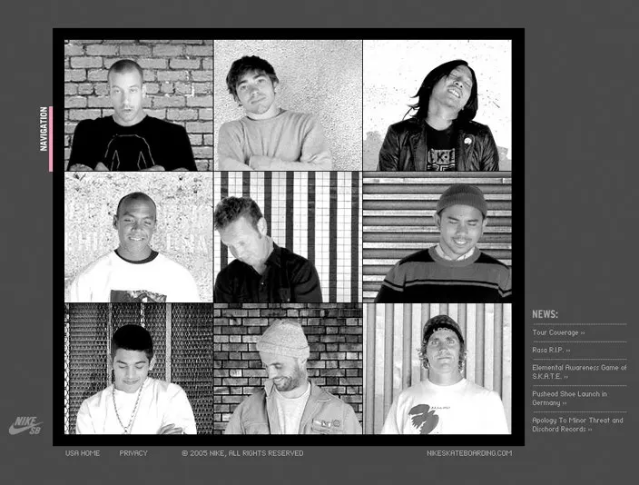 Nike Skateboarding website with a three-by-three grid of black-and-white portraits, side navigation tab, and a news list.