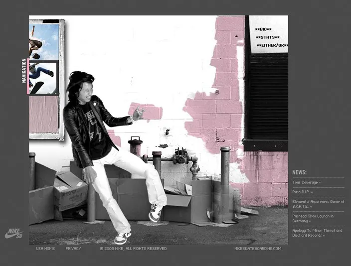 Nike Skateboarding website homepage showing a skater in leather jacket and white pants against a pink-painted wall, with side navigation and news links.