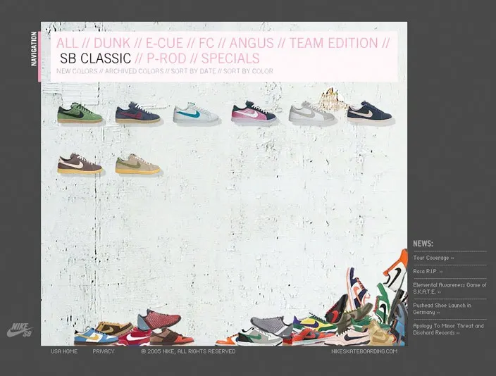 Nike Skateboarding website with a pink navigation bar of shoe model links and rows of sneakers on a concrete wall background.