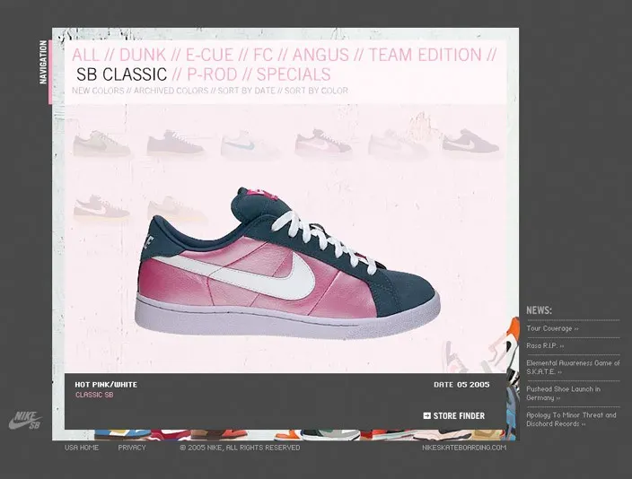 Nike Skateboarding website page showing a pink and navy SB Classic sneaker with model navigation links and news sidebar.