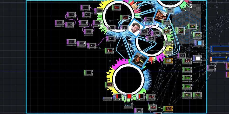 A dark node-based patching interface with clusters of connected nodes, cyan wire bundles, and circular thumbnail displays.