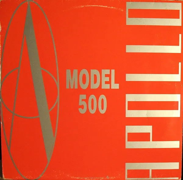 Orange record sleeve with grey ellipse and rocket-like emblem, text reading "MODEL 500" and vertical "APOLLO".