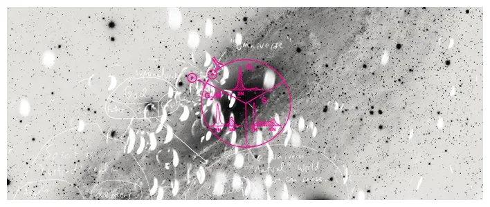 Inverted grayscale star field overlaid with magenta hand-drawn circles, lines and faint handwritten annotations.