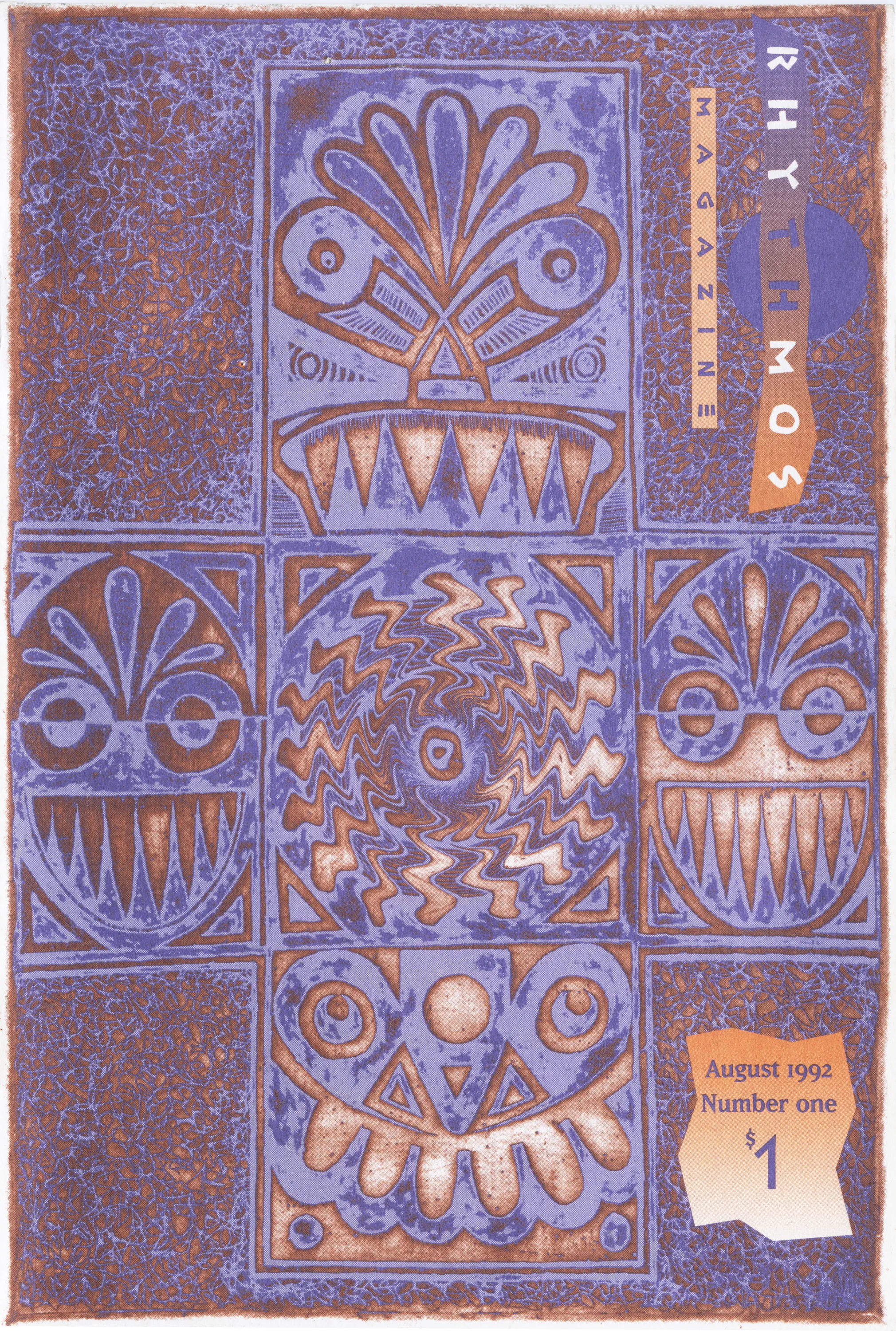 Purple and copper printed cover of Rhythmos Magazine with tribal-style mask faces in panels, dated August 1992, Number one, $1.