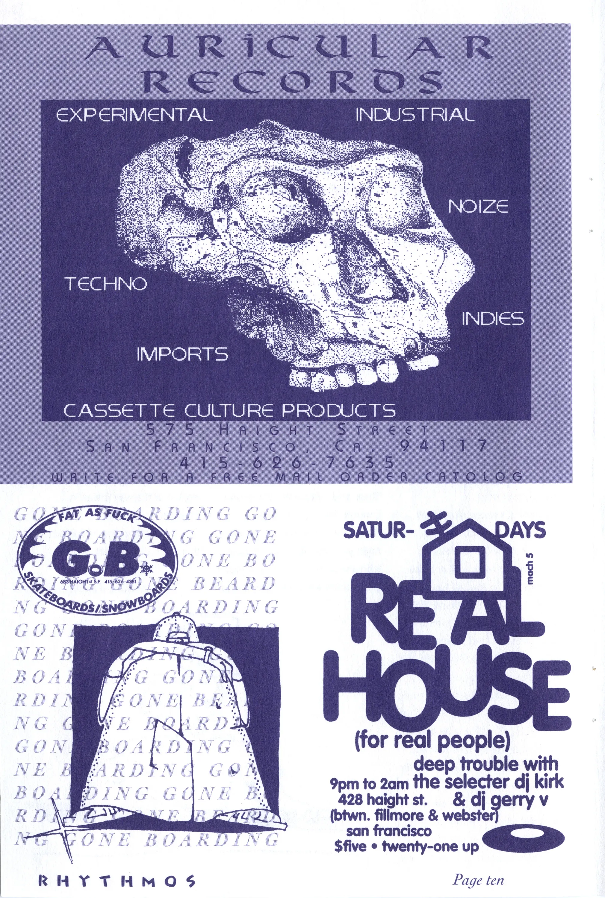Purple-printed zine page with an Auricular Records ad featuring a primate skull, plus ads for G.B. boarding and Saturdays "Real House" club night.