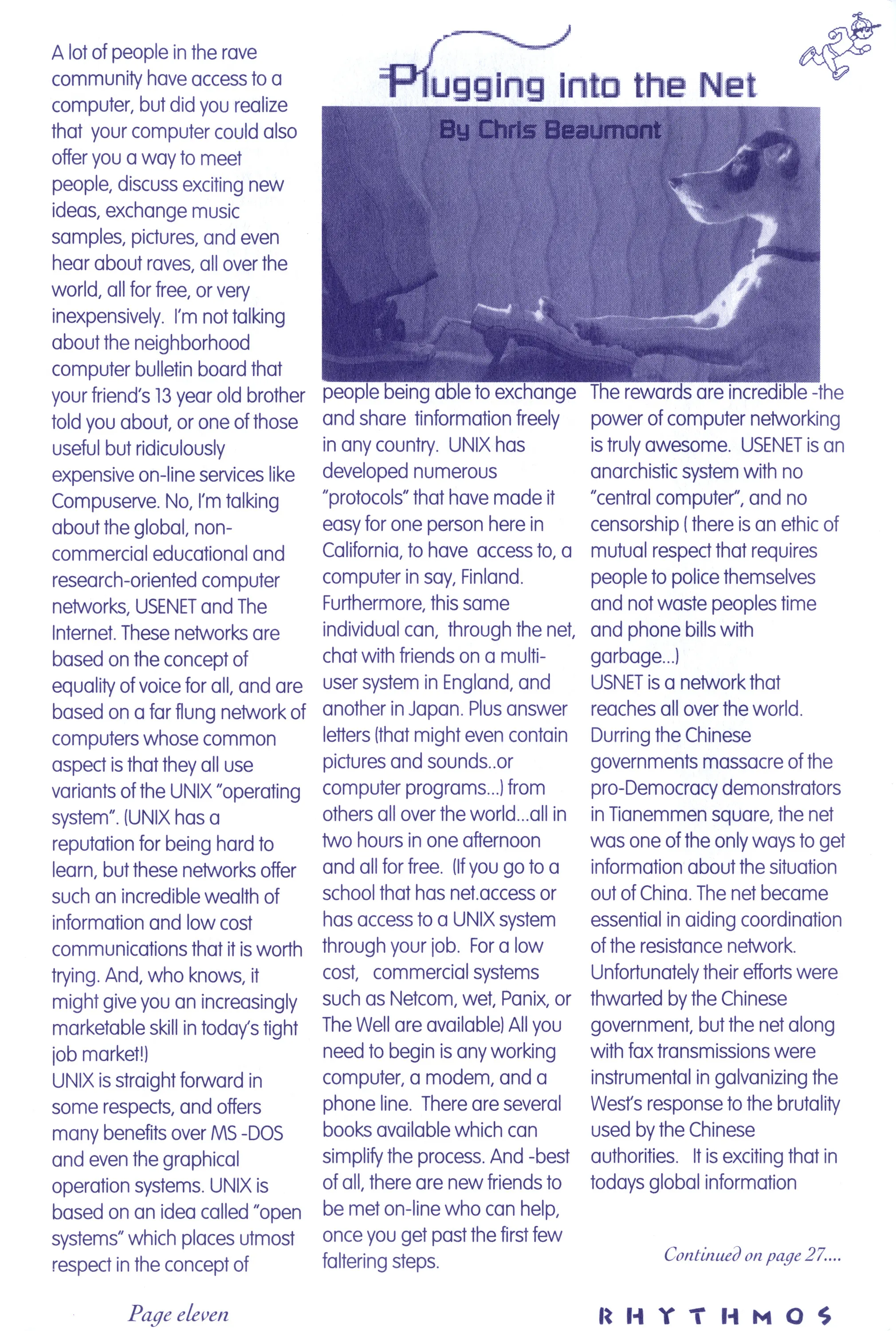 Purple-toned zine page titled "Plugging into the Net" with three columns of text, an illustration of a figure lying on a bed, and "Rhythmos" at the bottom.