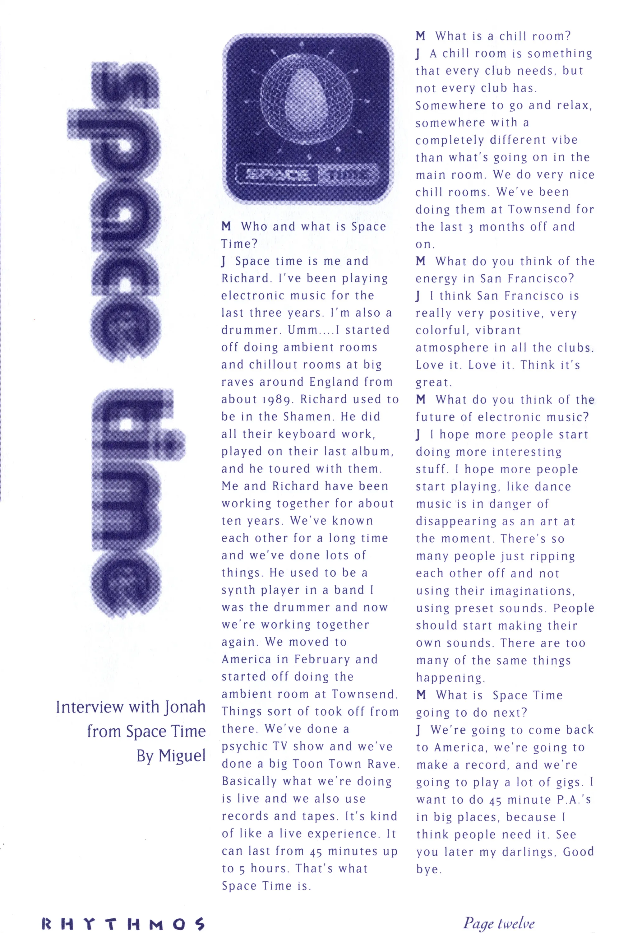 Zine page in purple ink with vertical "Space Time" logo, an egg-shaped graphic, and a Q&A interview in three columns, footer reading Rhythmos, Page twelve.